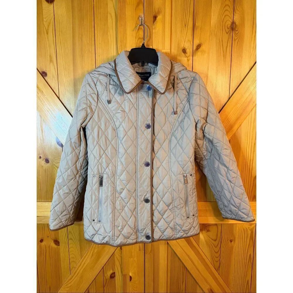 London Fog hooded quilted Jacket khaki size small (6617)